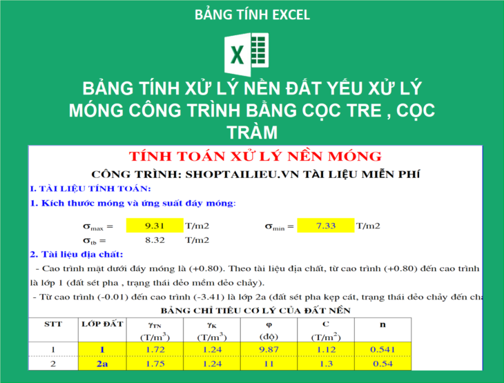 Bảng tính xử lý nền đất yếu xử lý móng công trình bằng cọc tre , cọc tràm