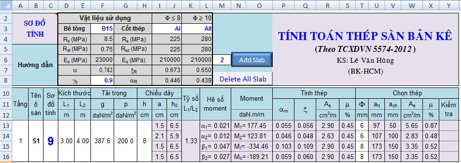 Bảng tính thép sàn