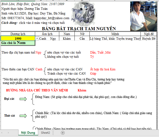 FILE EXCEL PHONG THỦY TOÀN THƯ