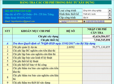 Bảng tra các chi phí trong đầu tư xây dựng