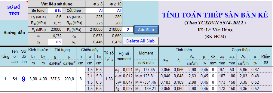 [Bảng tính] File Excel bảng tính cốt thép Dầm Sàn theo TCVN 5574-2012