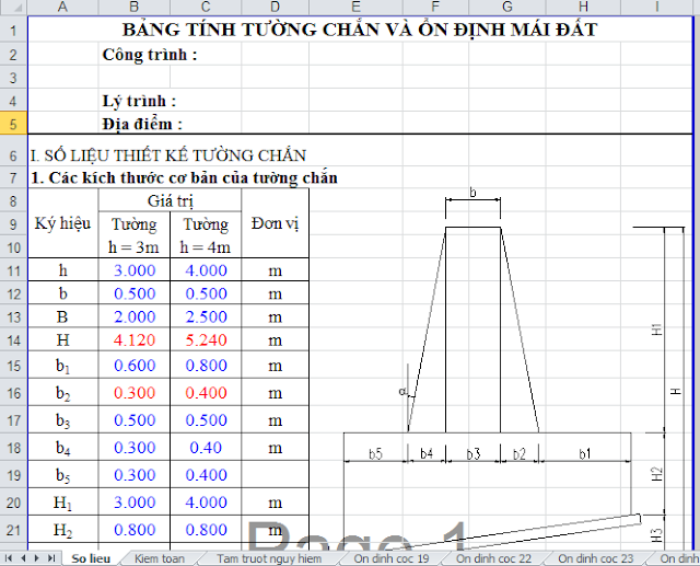 EXCEL TÍNH TƯỜNG CHẮN & ỔN ĐỊNH MÁI ĐẤT