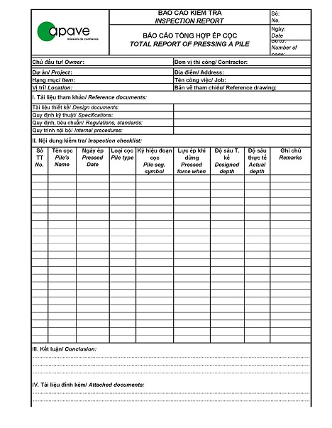 |File Excel| Form mẫu đầy đủ các công tác nghiệm thu xây dựng của tư vấn giám sát APAVE