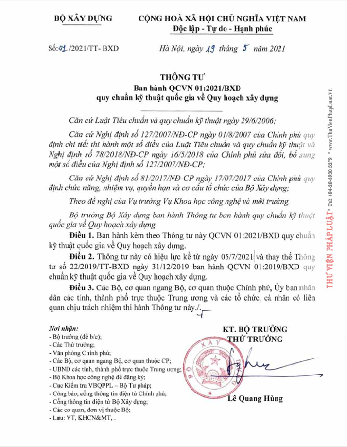 Thông tư 01/2021/TT-BXD Quy chuẩn kỹ thuật quốc gia về Quy hoạch xây dựng