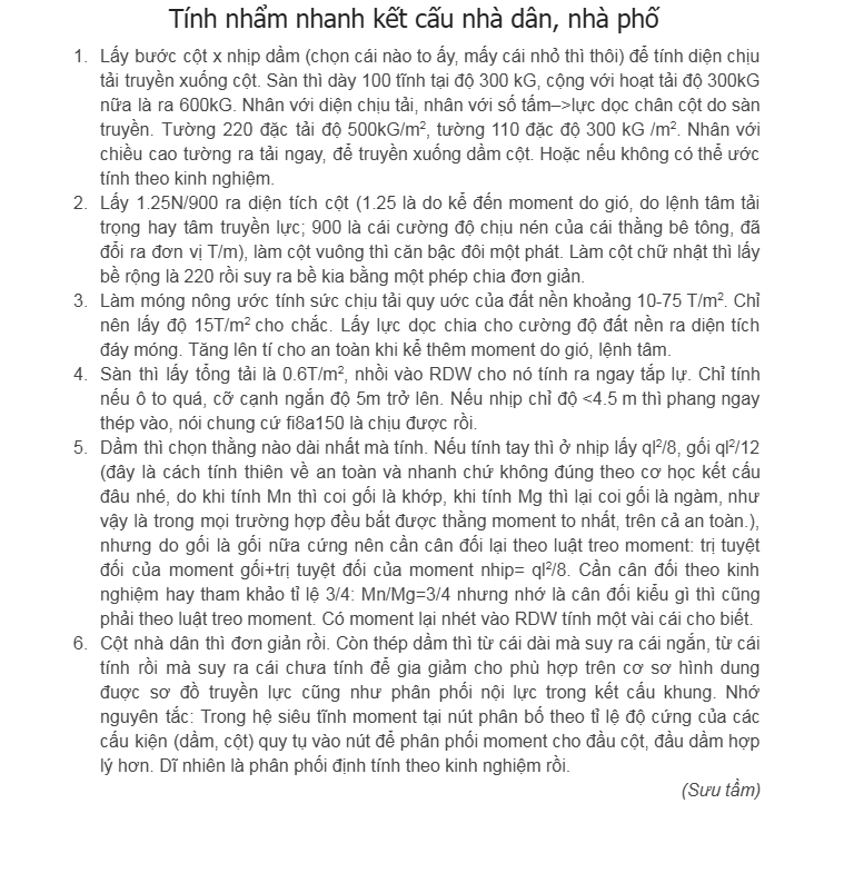 Tính nhẩm nhanh kết cấu nhà dân, nhà phố