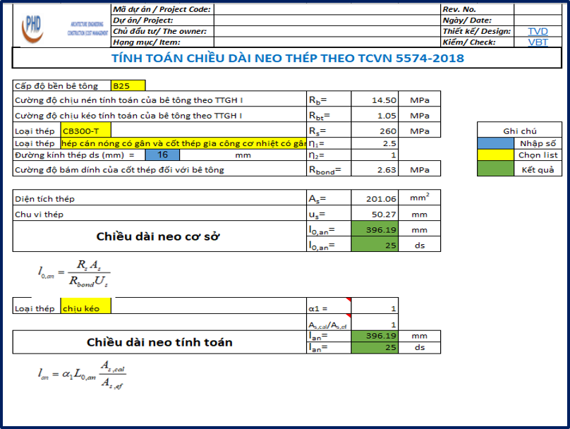[EX] Tính chiều dài neo thép theo TCVN 5574-2018