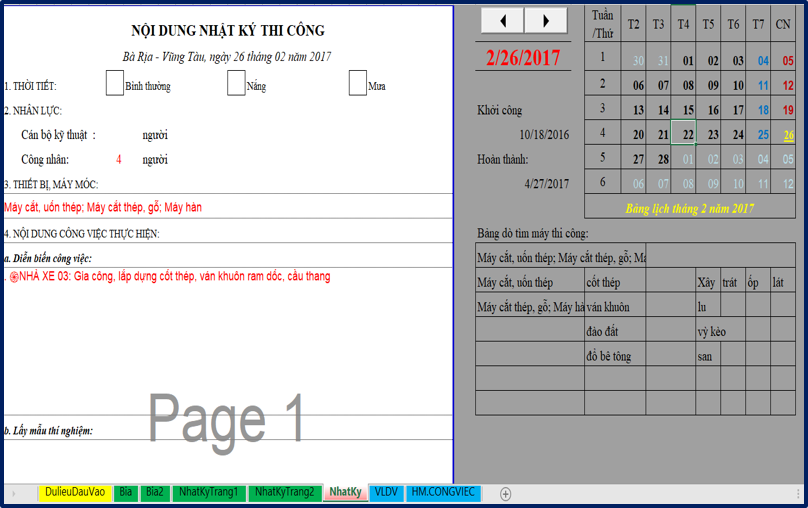 File Excel Nhật ký thi công tự động mới nhất