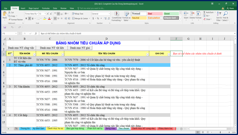 File Excel Hồ sơ quản lý chất lượng cầu Ba Đông