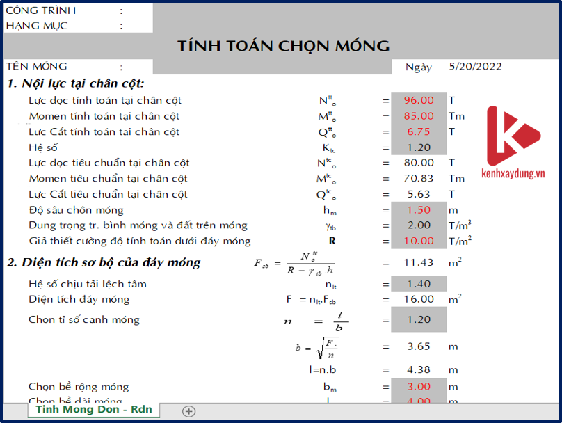 [EX] Bảng excel chọn kích thước móng