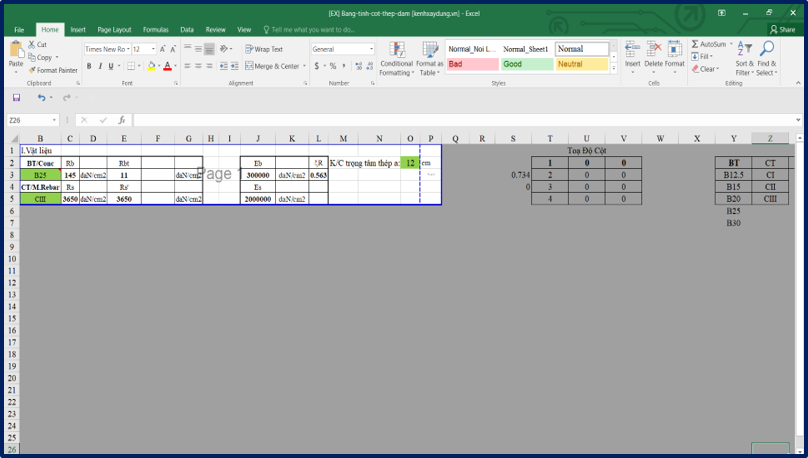 [EX] Bảng tính cốt thép dầm
