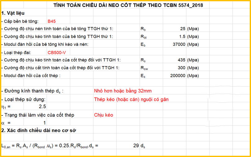 [EX] Tính chiều dài neo cốt thép theo TCVN 5574-2018