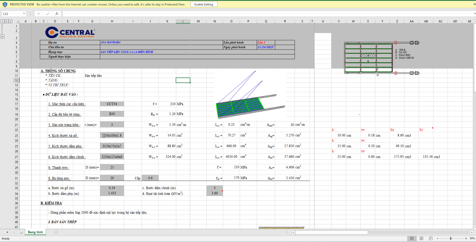 [EX] Tính toán sàn tiếp liệu – Central