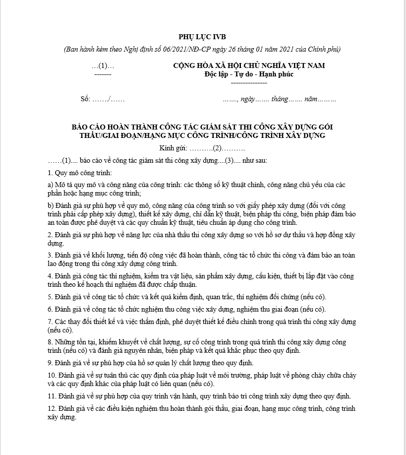Báo cáo Hoàn Thành Công Tác Giám Sát Thi Công Xây Dựng Công Trình