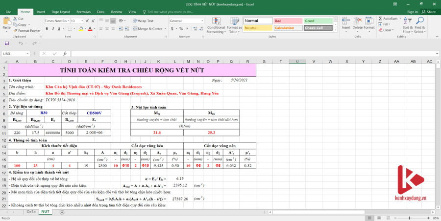 [Excel] Tính toán kiểm tra chiều rộng vết nứt