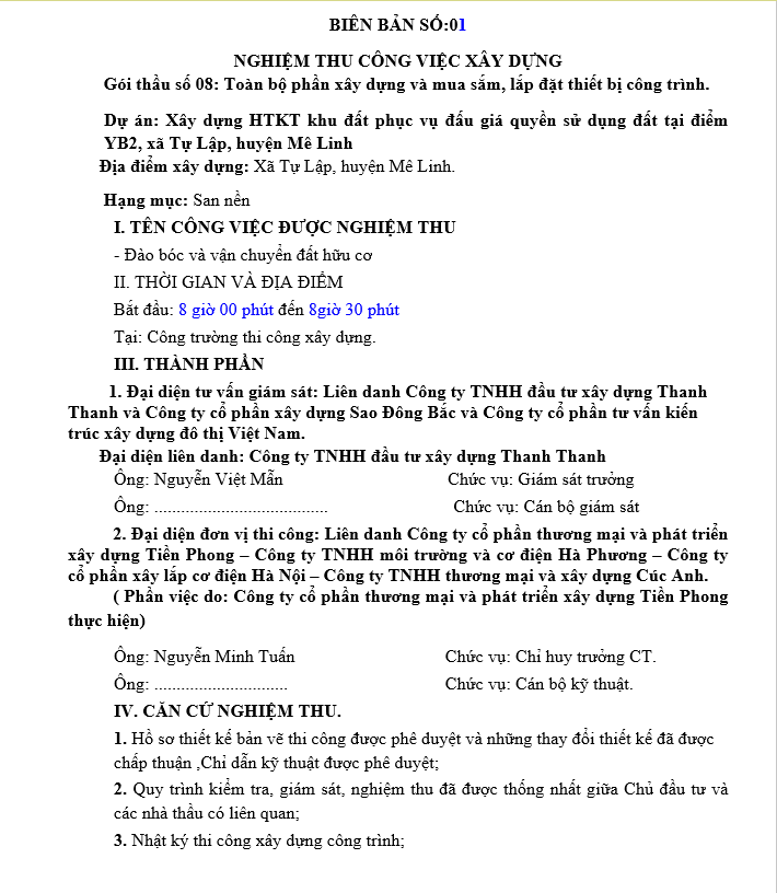 Hồ sơ quản lý chất lượng san nền