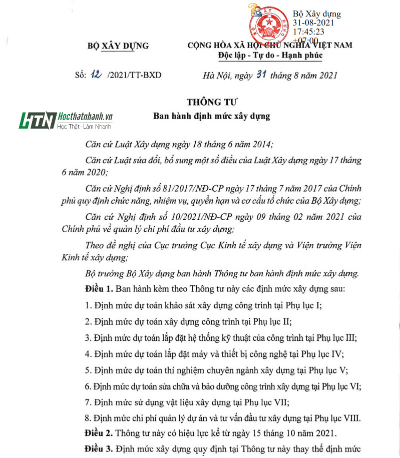 [Bản Full] Thông tư 12/2021/TT-BXD Ban hành định mức xây dựng thay thế cho Thông tư 10/2019/TT-BXD, 16/2019/TT-BXD
