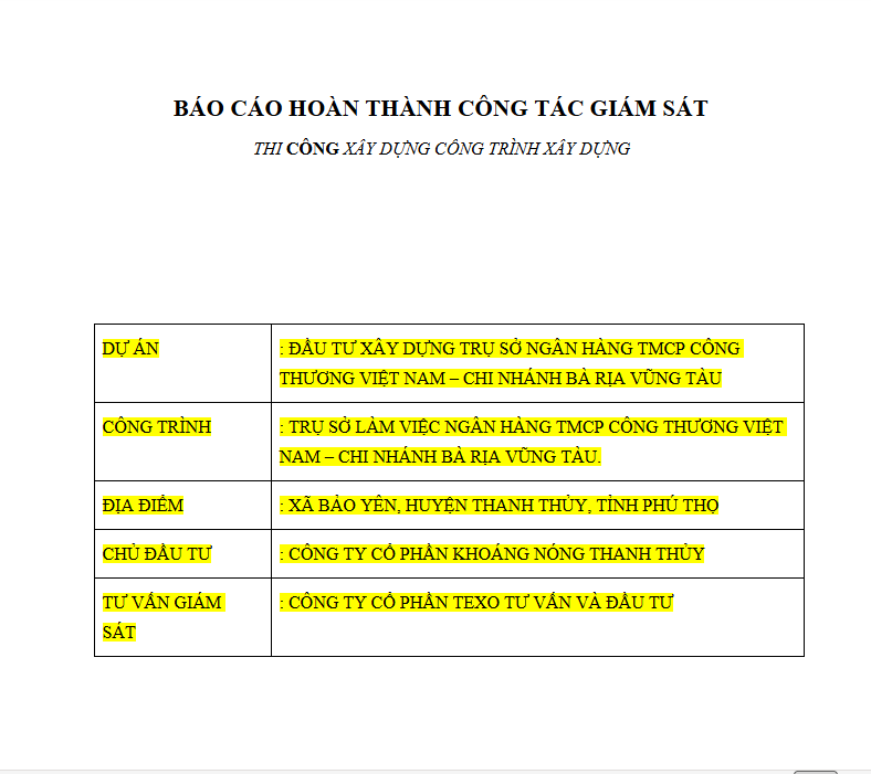 Báo cáo Hoàn Thành Công Tác Giám Sát Thi Công Xây Dựng Công Trình