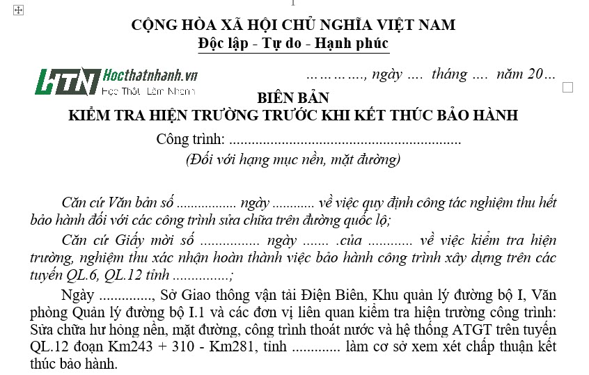 Biên bản kiểm tra xác nhận hết thời hạn bảo hành