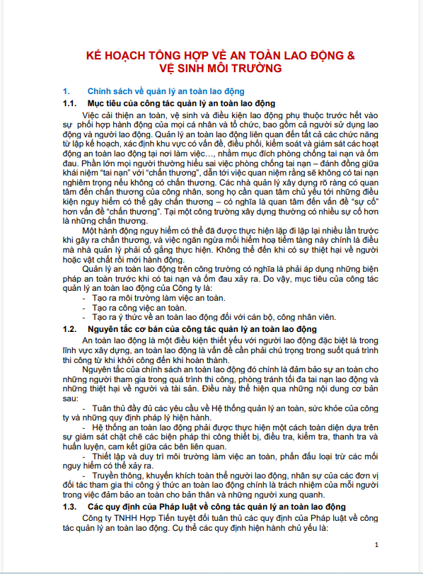 Kế hoạch tổng hợp về an toàn lao động & vệ sinh môi trường (File mẫu – Word)