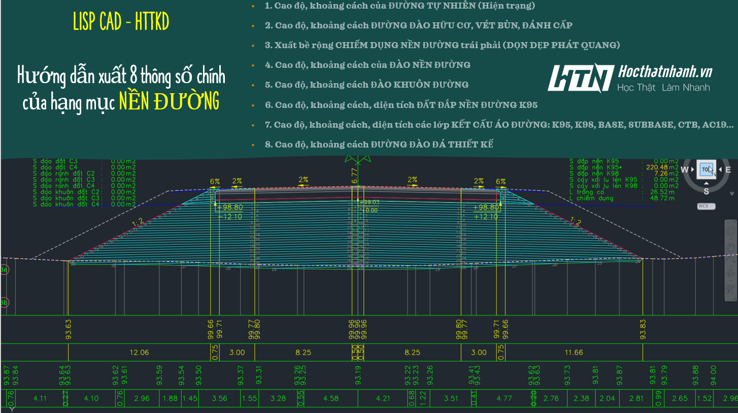 Hướng dẫn xuất 8 thông số chính trên trắc ngang của hạng mục Nền Đường bằng Lisp cad HTTKD