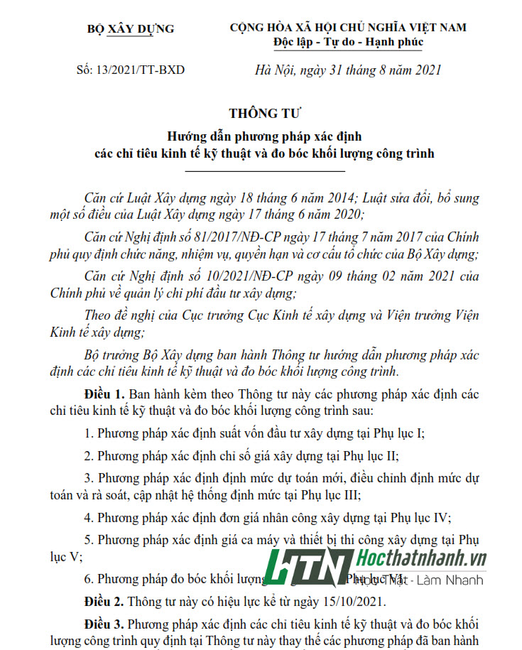 Thông tư 13/2021/TT-BXD hướng dẫn phương pháp xác định các chỉ tiêu kinh tế kỹ thuật và đo bóc khối lượng công trình