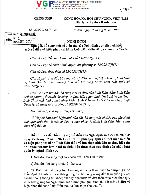 Nghị định số 225/2025/NĐ-CP sửa đổi bổ sung các Nghị định về Lựa chọn nhà đầu tư
