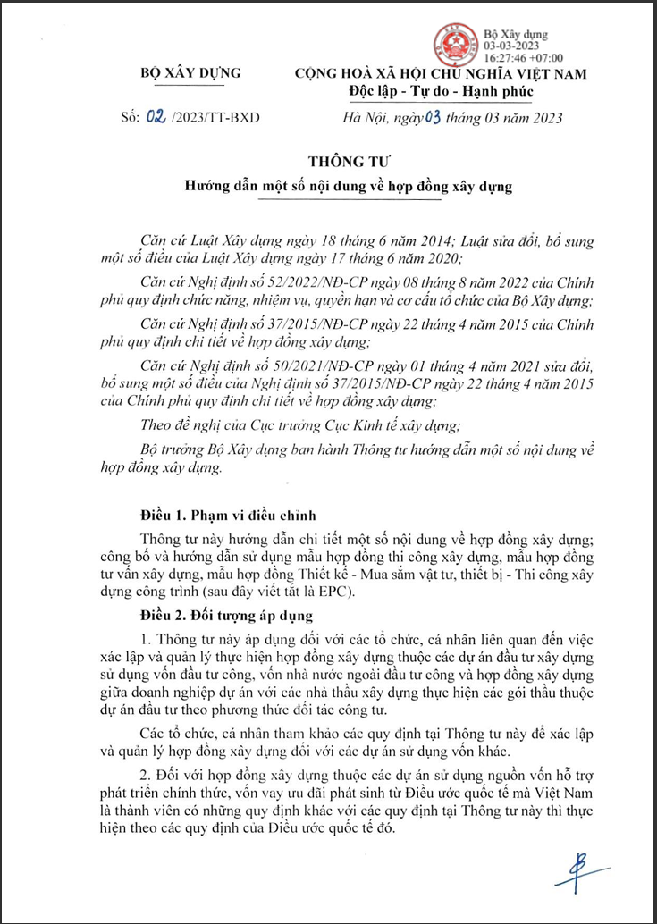 Quy định mới nhất về Hợp đồng xây dựng – (PDF-Word) Thông tư 02/2023/TT-BXD