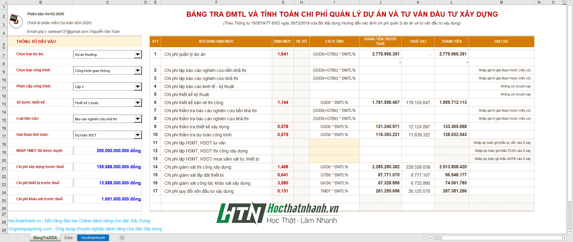 Thông tư 16/2019/TT-BXD hướng dẫn xác định chi phí quản lý dự án và tư vấn đầu tư xây dựng+BẢNG EXCEL TỰ ĐỘNG TÍNH TOÁN